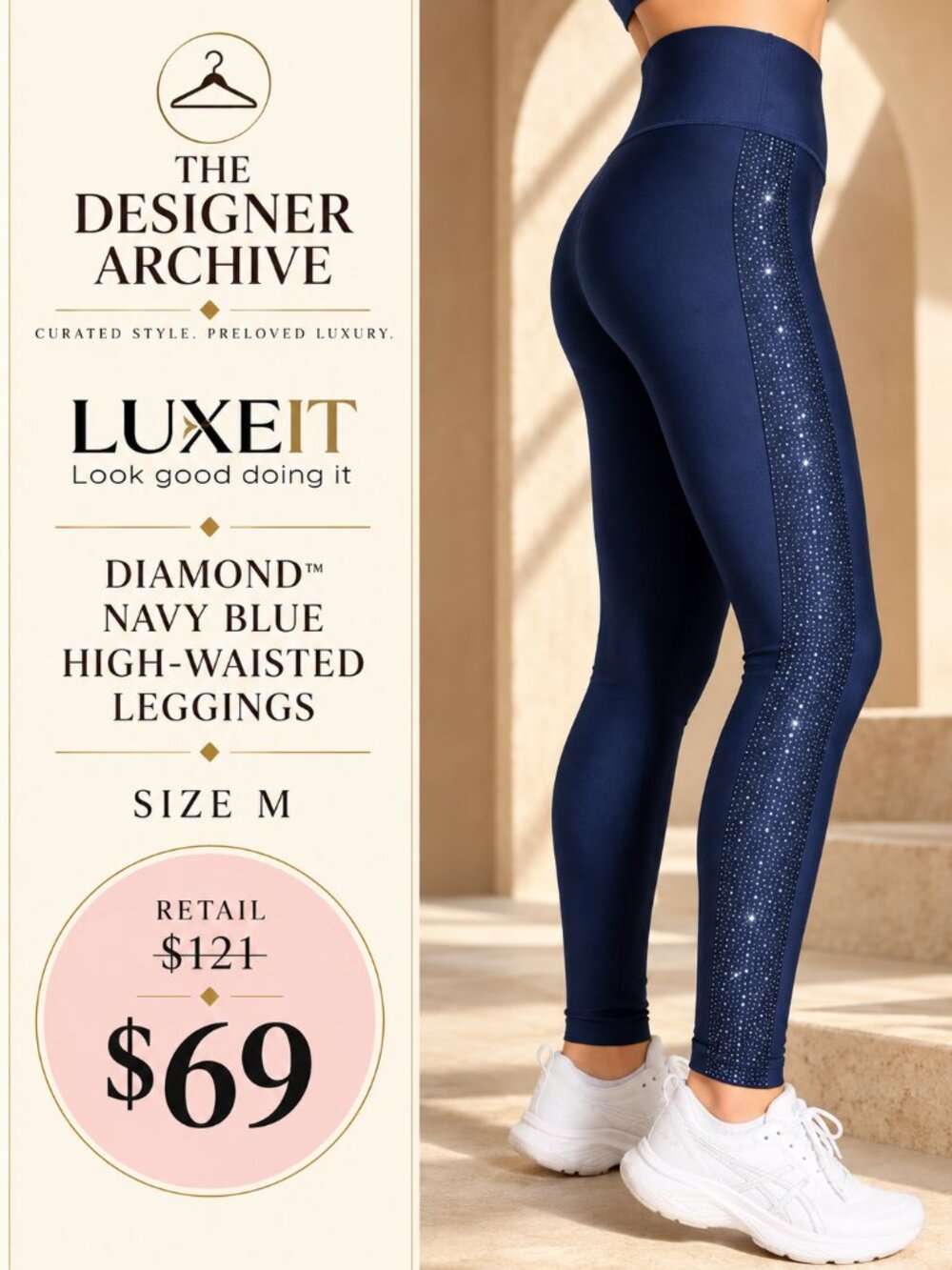 LUXEIT Diamond Navy Rhinestone High Waisted Leggings Size M